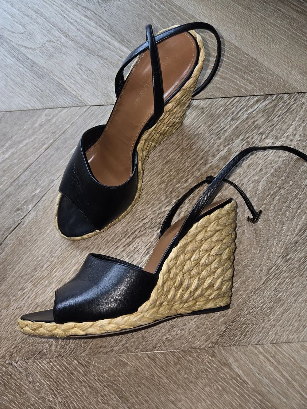 Yves Saint Laurent Black Leather Espadrille Wedge Sandals with Ankle Strap